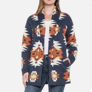 Lucky Brand Navy Southwestern Open Front Knit  Cardigan Sz S